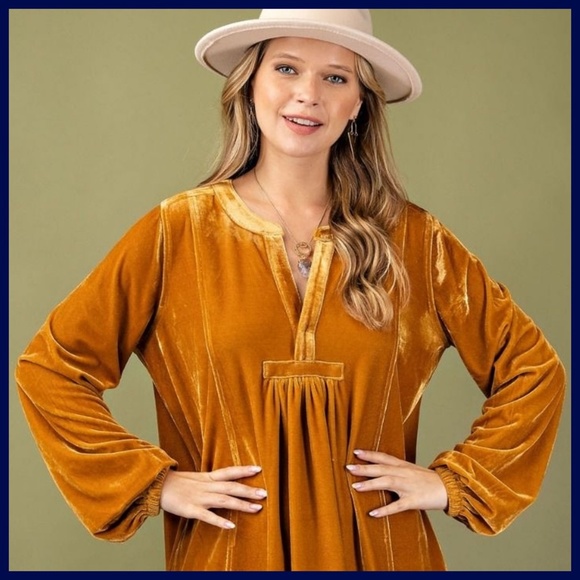 EASEL Long Sleeve Luxury Soft Velvet V-Neck Dress With Balloon Sleeve & Pockets - Picture 4 of 16